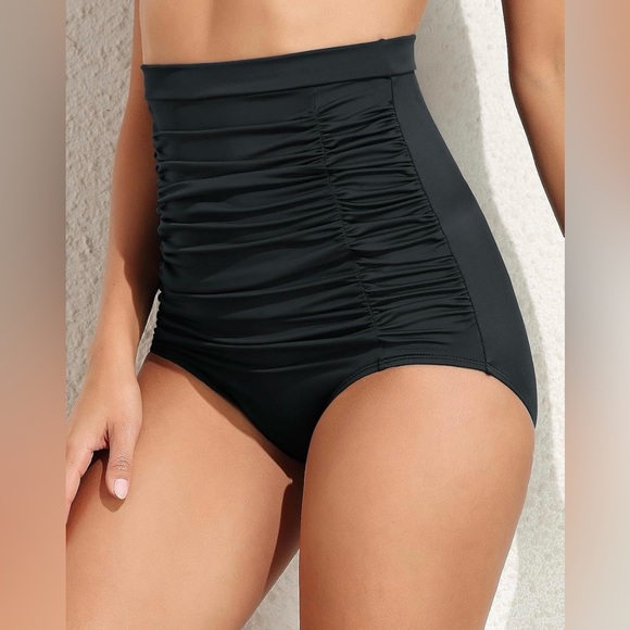 Vintage Style Super High Waisted, Shirred Bikini Bottom with Tummy Control - Picture 3 of 8